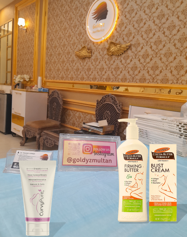 GoldyZ Aesthetics Multan displaying breast care products, including CurvyPure Breast Cream and Palmers Firming Butter and Bust Cream